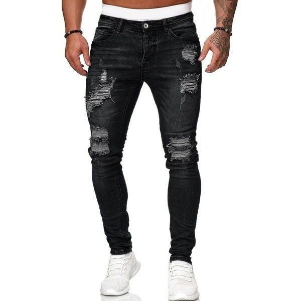 Men's Cross-Border Ripped Knee Jeans with Zipper