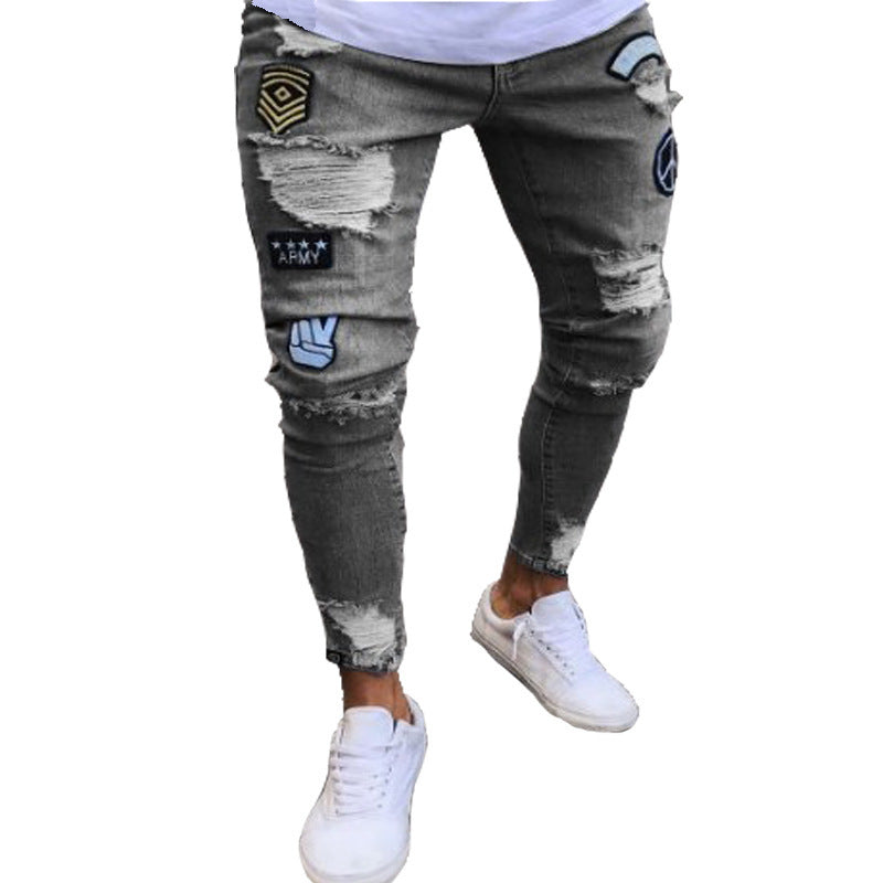 Men's Cross-Border Ripped Knee Jeans with Zipper
