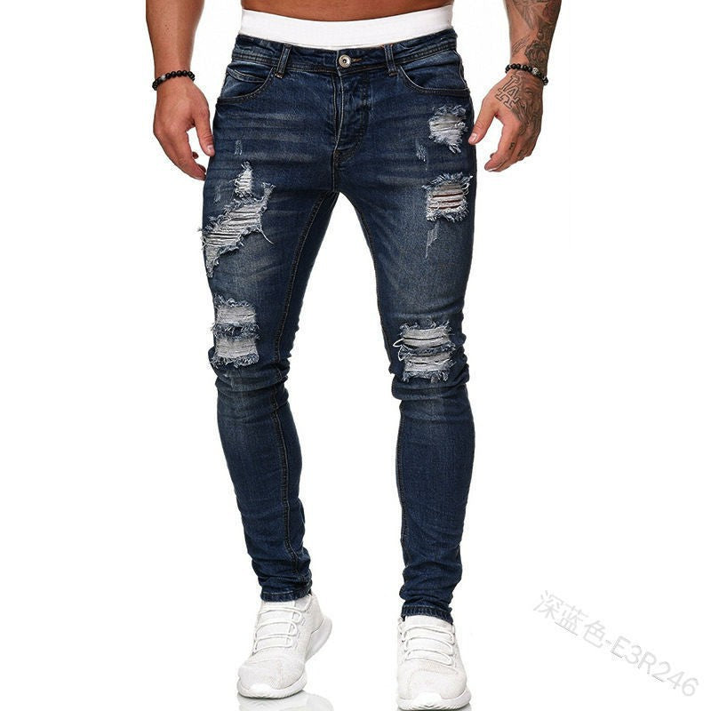 Men's Cross-Border Ripped Knee Jeans with Zipper