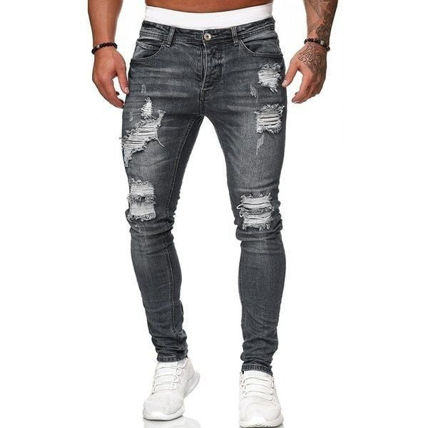 Men's Cross-Border Ripped Knee Jeans with Zipper