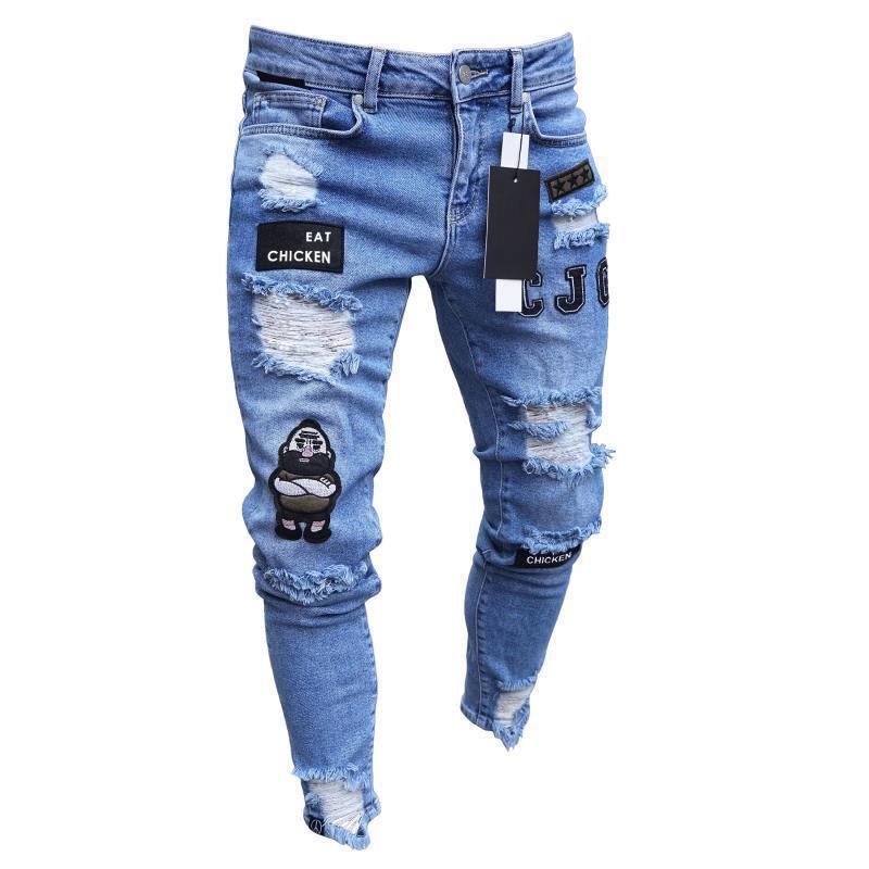 Men's Cross-Border Ripped Knee Jeans with Zipper