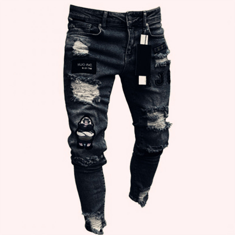 Men's Cross-Border Ripped Knee Jeans with Zipper