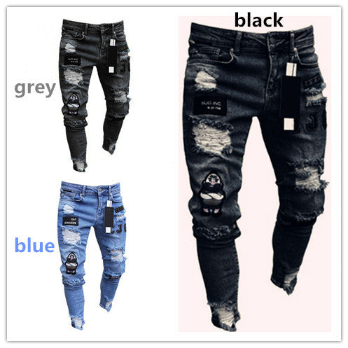 Men's Cross-Border Ripped Knee Jeans with Zipper