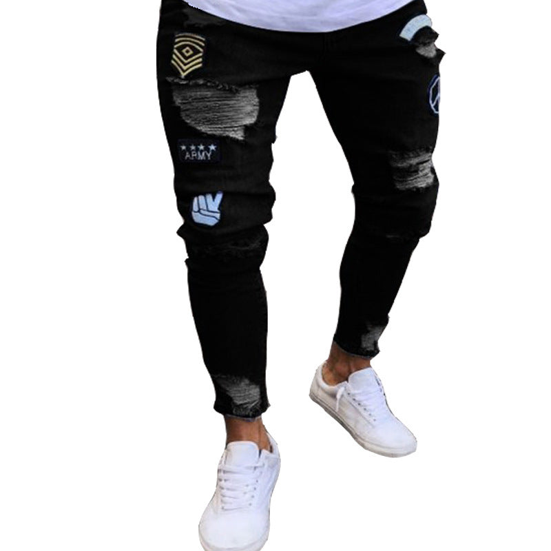 Men's Cross-Border Ripped Knee Jeans with Zipper