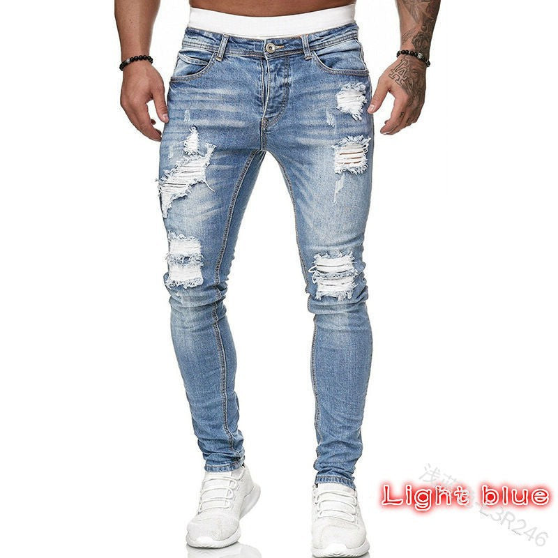 Men's Cross-Border Ripped Knee Jeans with Zipper