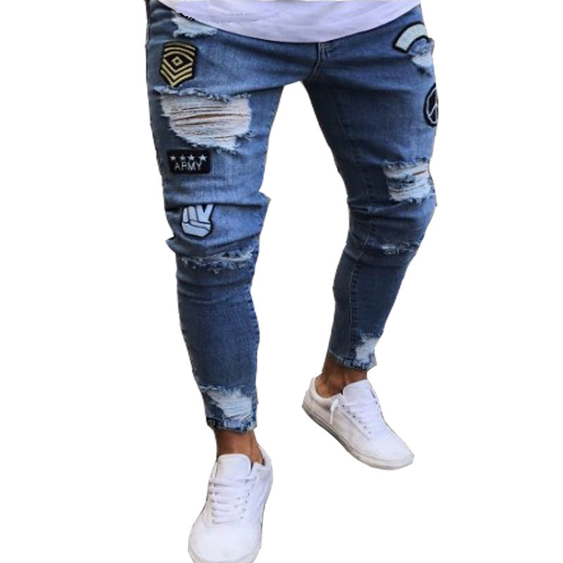Men's Cross-Border Ripped Knee Jeans with Zipper