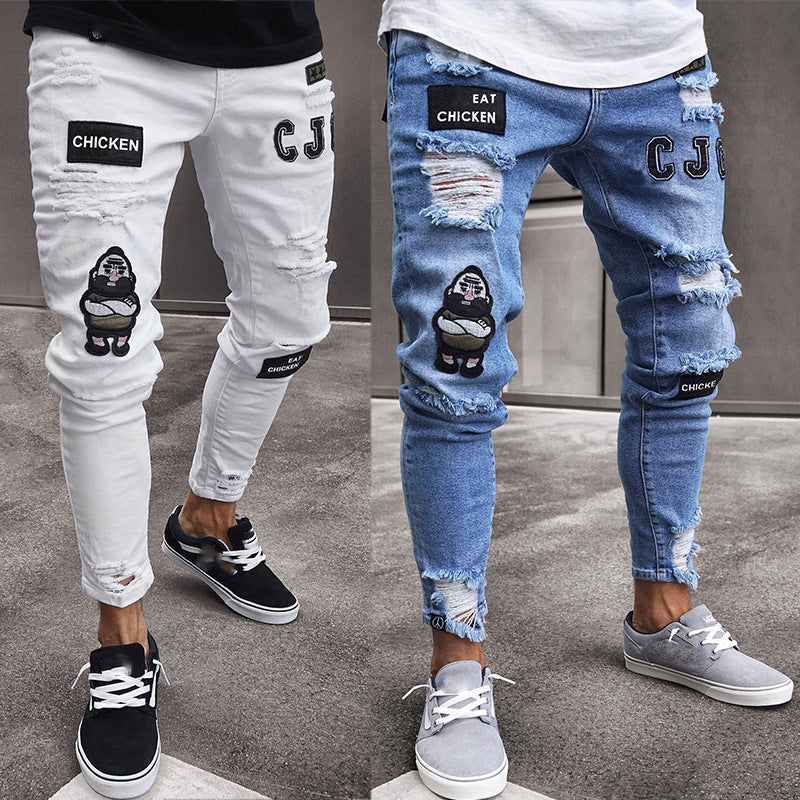 Men's Cross-Border Ripped Knee Jeans with Zipper