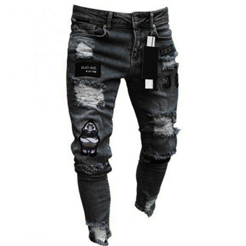 Men's Cross-Border Ripped Knee Jeans with Zipper